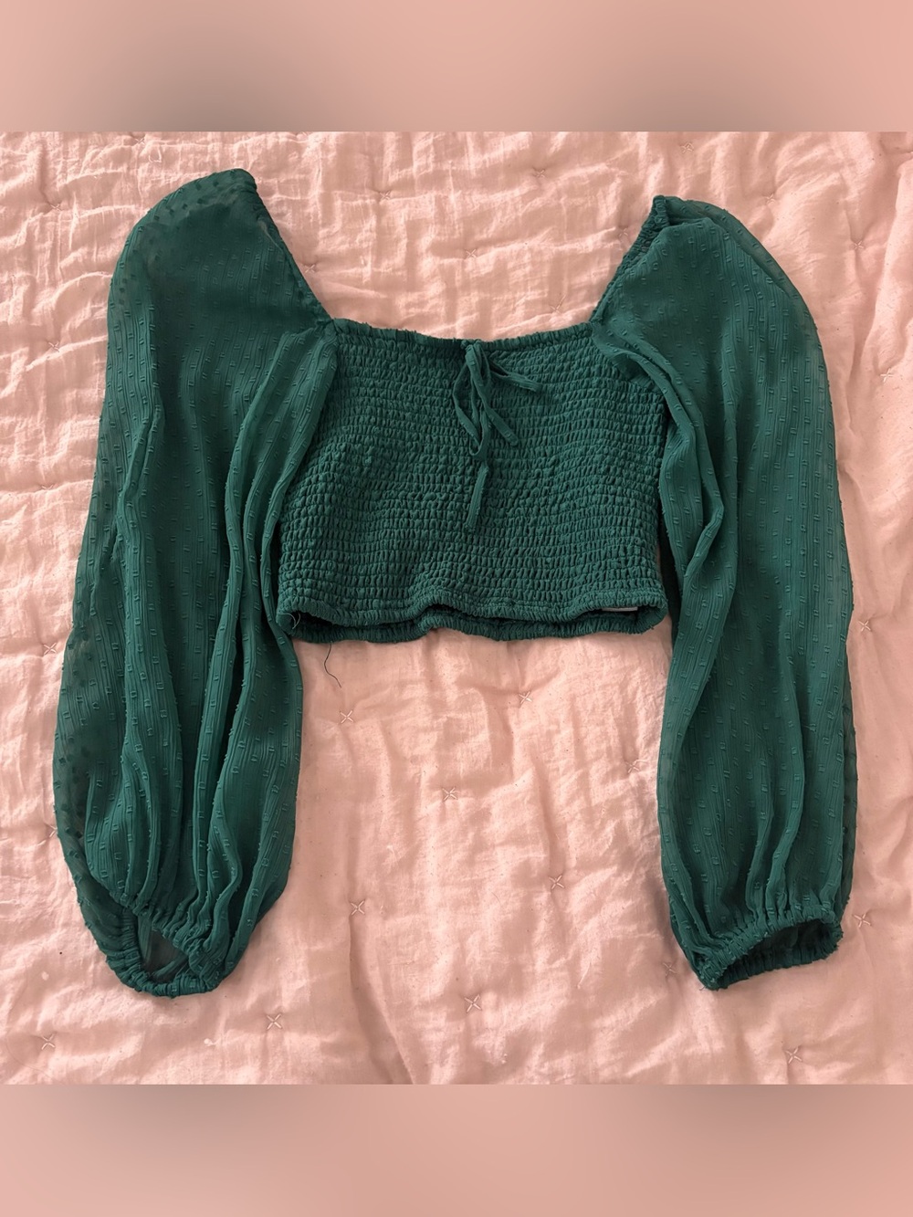BOG Collective Long-Smocked Tie-Front Green Crop Top
